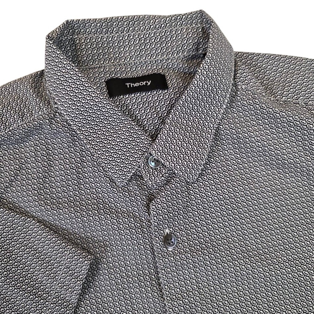 Theory Men's Medium Zack S Shirt Black White Geometric Corner Print Short Sleeve